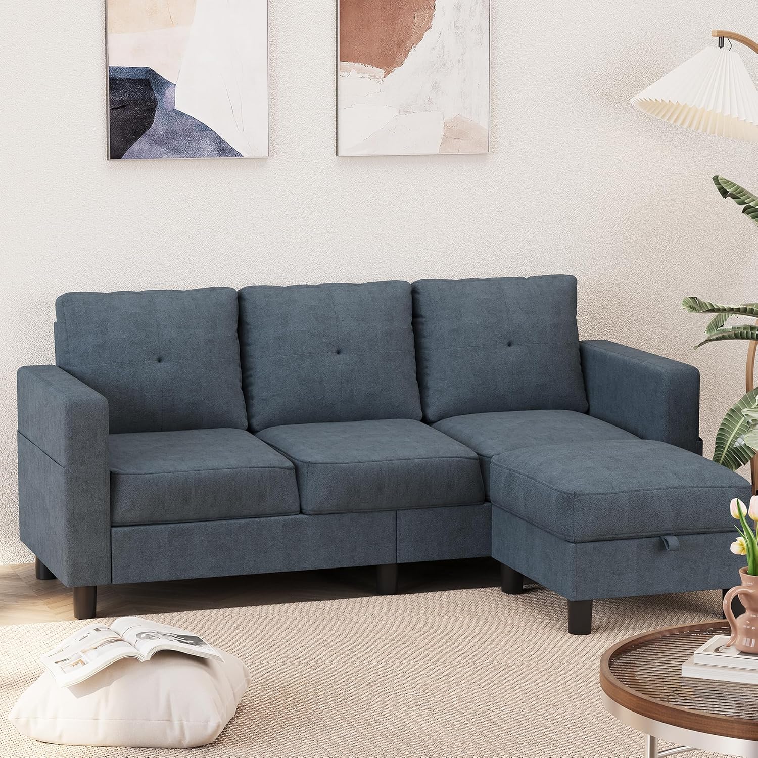 Shintenchi 76 inch Modern Upholstered Sectional Sofa L Shaped Couch with Storage Ottoman