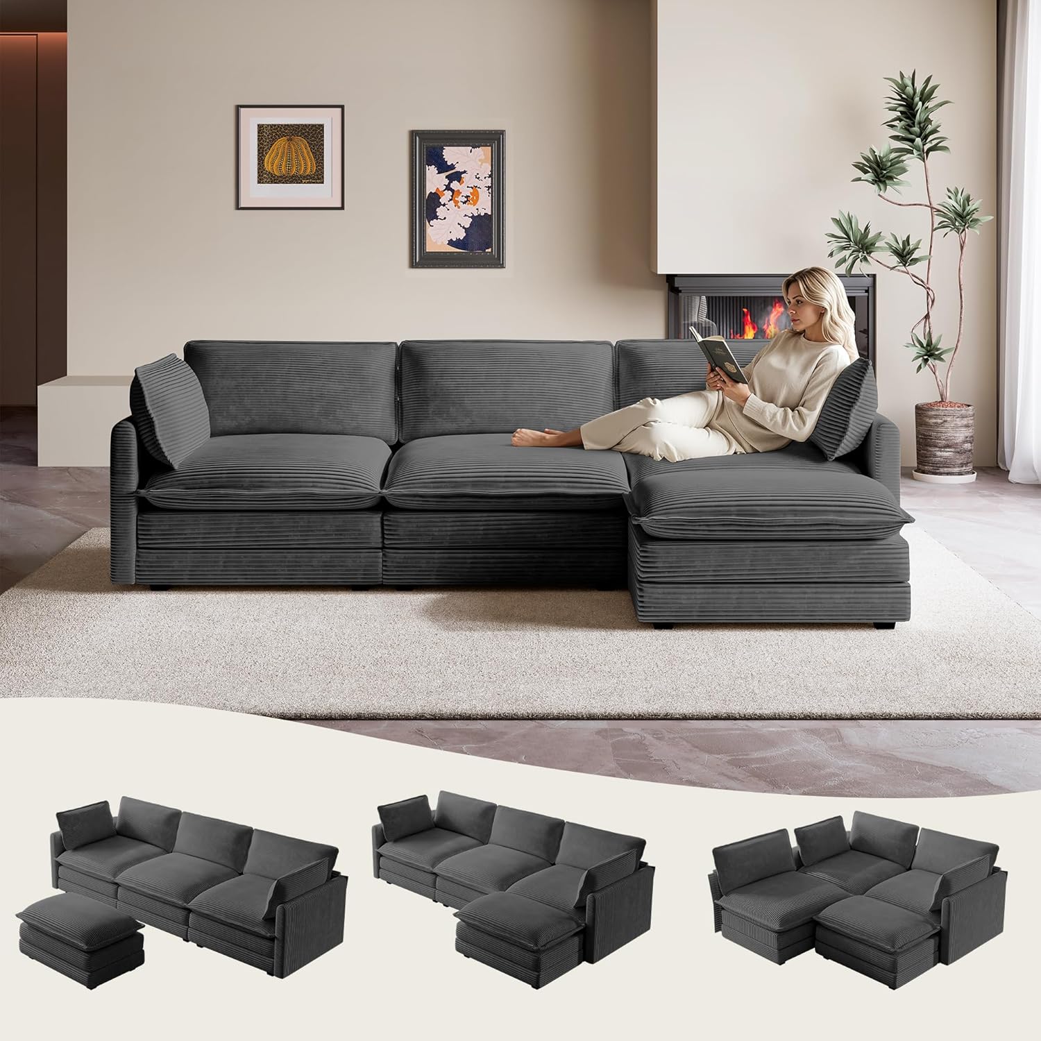 ROWHY Oversized Modular Sectional Sofa with Movable Ottoman, 112 Inch 4 Seat Modern Corduroy Sofa Set, Convertible L Shaped Couch for Living Room and Office, Beige