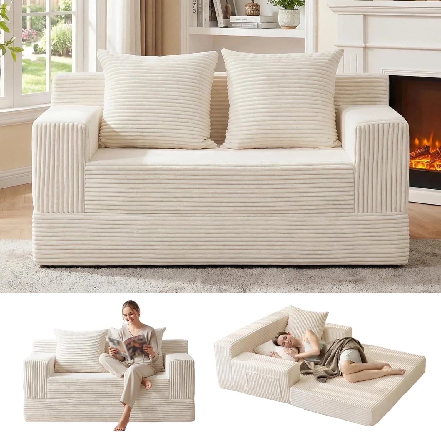 Loveseat Boneless Convertible Sofa Bed, Folding Floor Futon Sleeper Sofa Couch Bed- Boneless Foldable Couch, Corduroy Pull Out Sofa Bed with 2 Pillows for Living Room & Bedroom