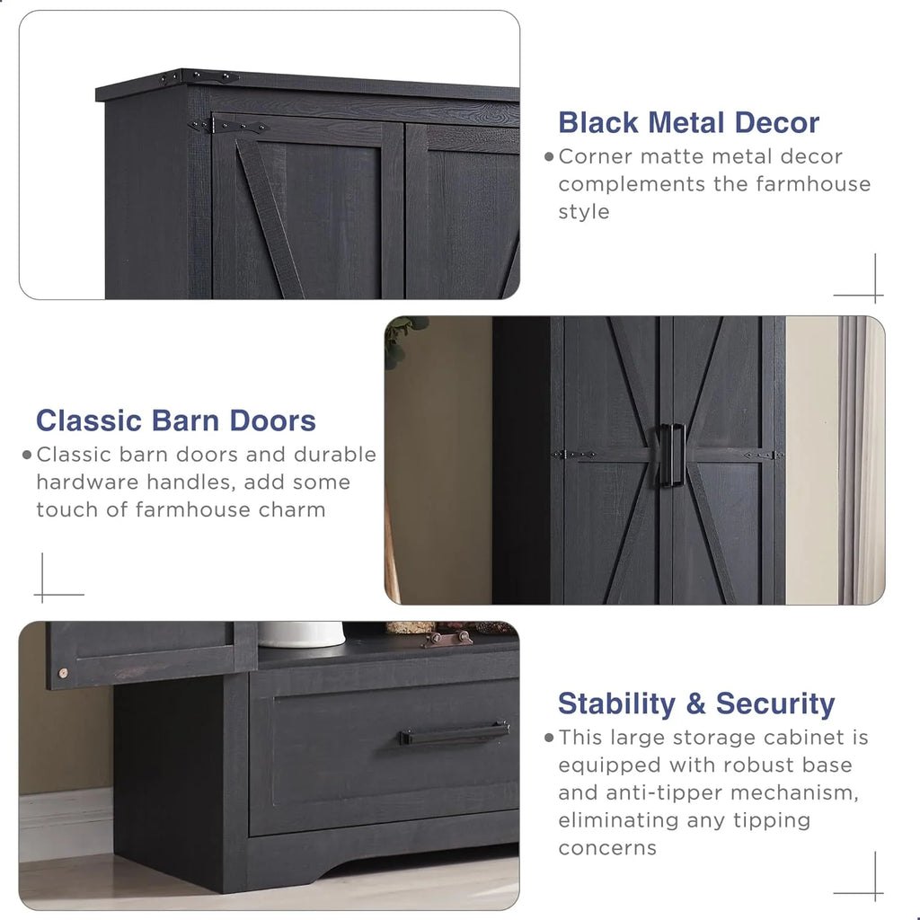 JXQTLINGMU Farmhouse Kitchen Pantry - 72" Tall Wood Kitchen Storage Cabinet with Adjustable Shelves and 2 Barn-Style Doors and Drawers