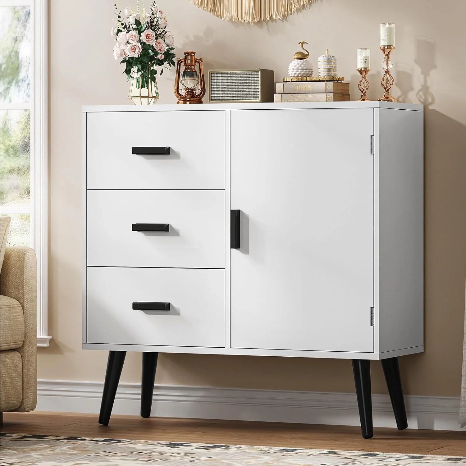 Iwell Storage Cabinet with 2 Drawers & Adjustable Shelves, Cupboard, Floor Cabinet