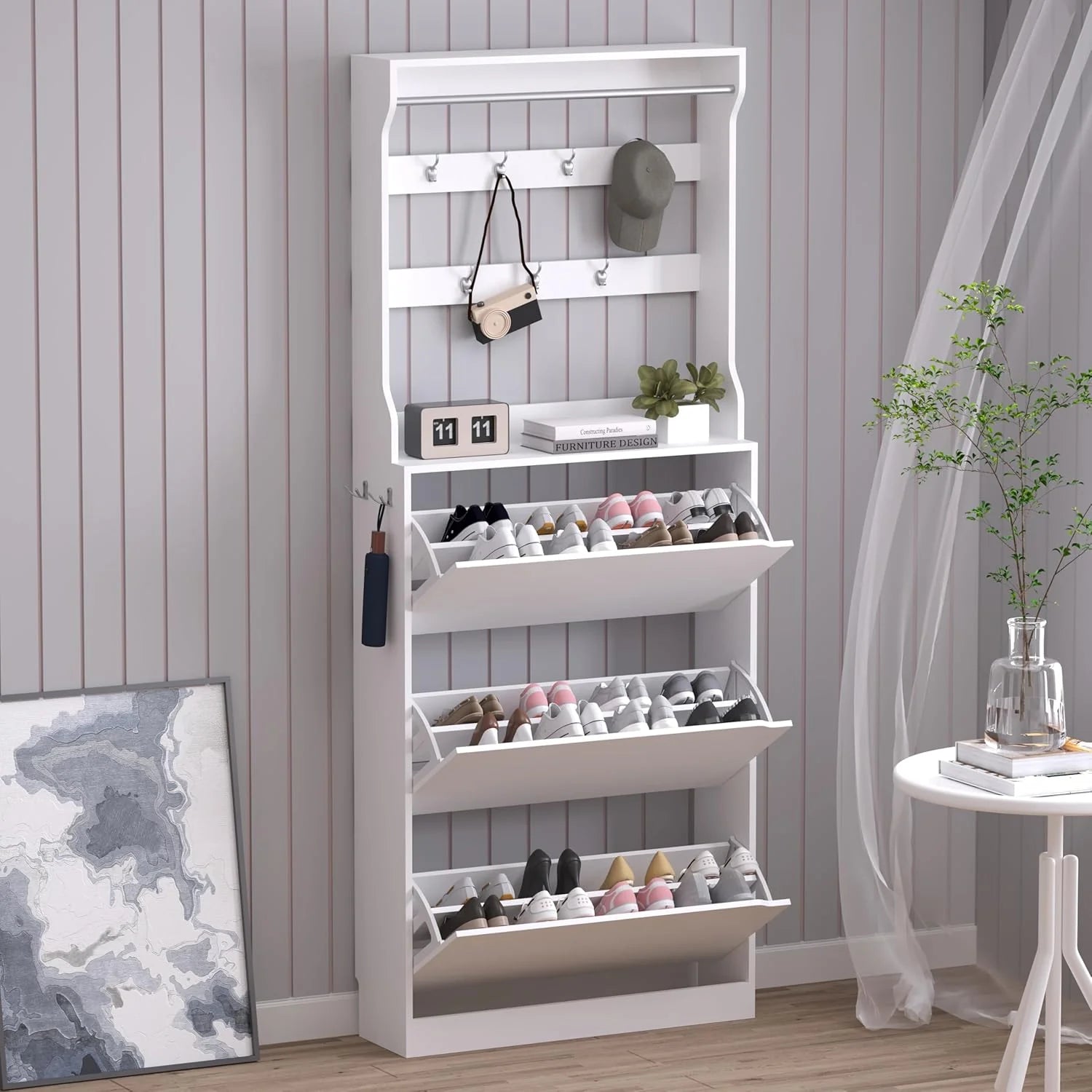 Shoe Cabinet with 3 Flip Drawers, Hidden Wood Shoe Cabinet,Freestanding Shoe Storage Cabinet