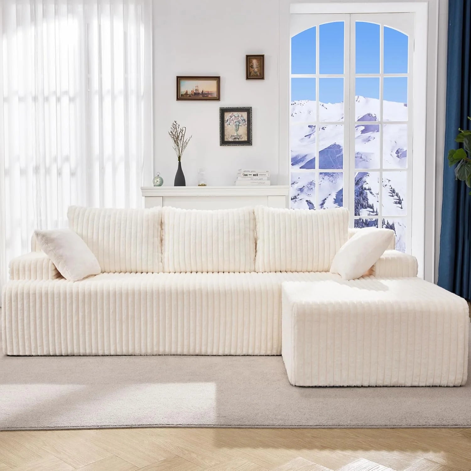 Modular Sectional Sofa Couches L-Shape Couch 3 Seat Modular Sofa Memory Foam Sectional Couches for Living Room, Cloud Couch with Oversized Chaise (Grey Stripe, 96" Left Facing Chaise)