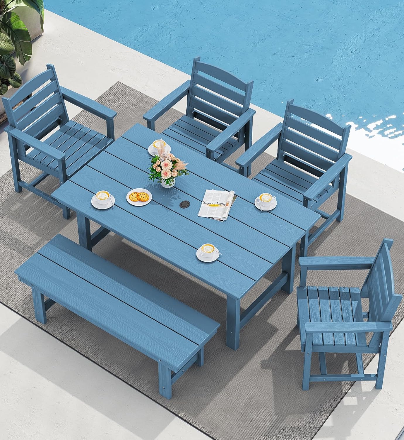 SERWALL 7-Piece Patio Dining Table Sets, Outdoor HDPE Dining Furniture Set with Umbrella Hole Cut-Out Table and 6 Chairs, Blue