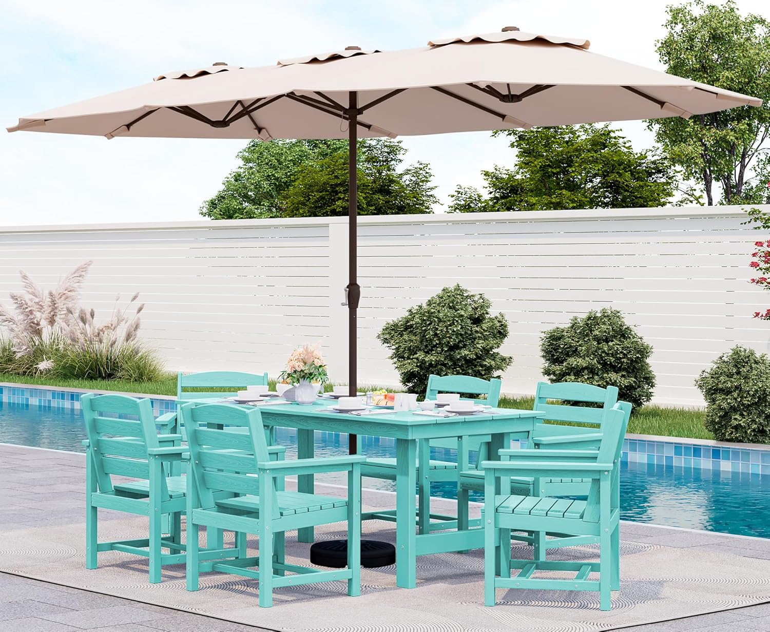 SERWALL 7-Piece Patio Dining Table Sets, Outdoor HDPE Dining Furniture Set with Umbrella Hole Cut-Out Table and 6 Chairs, Blue
