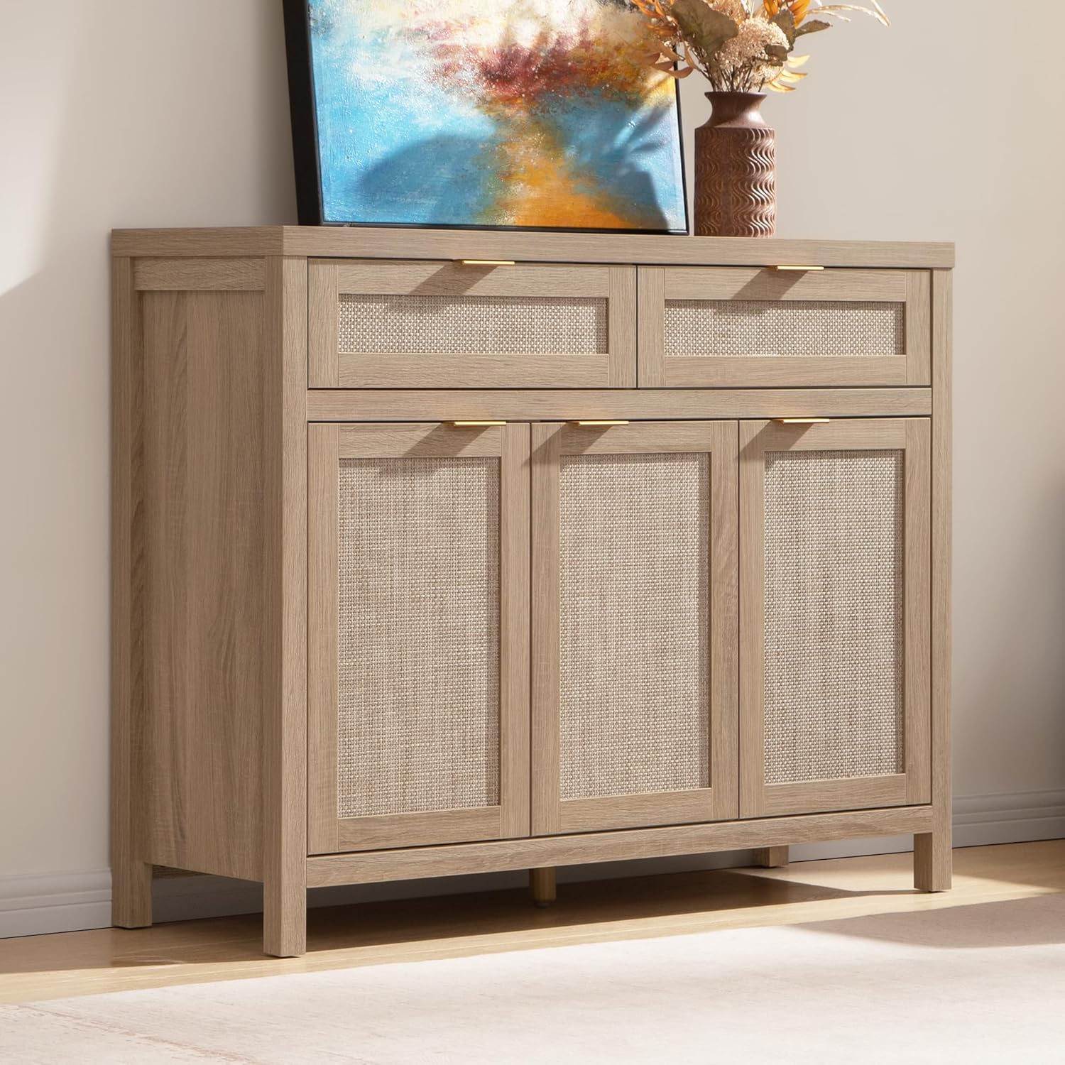 SICOTAS Rattan Sideboard Buffet Cabinet with Storage Boho Credenza Accent Cabinet with 3 Doors