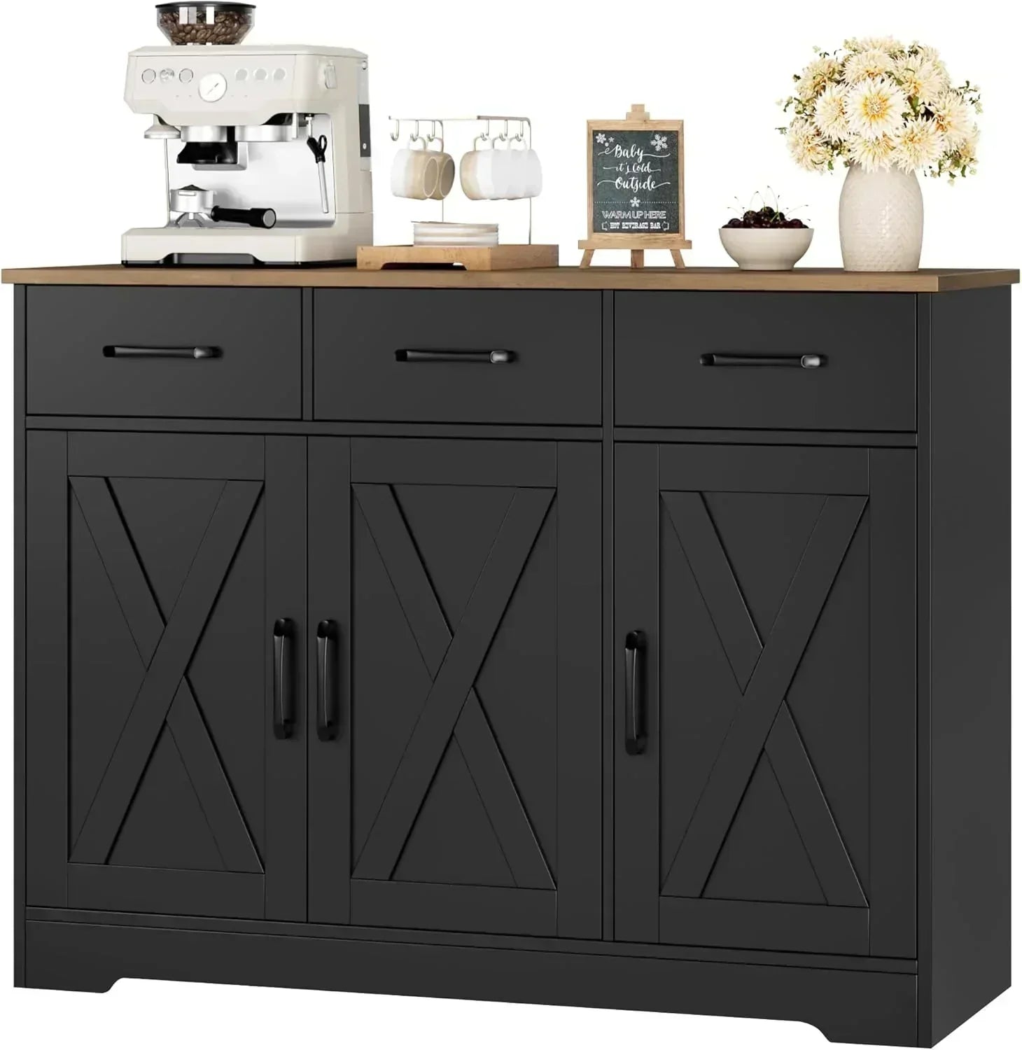 Modern farmhouse sideboard barn door buffet storage cabinet with drawers and shelves