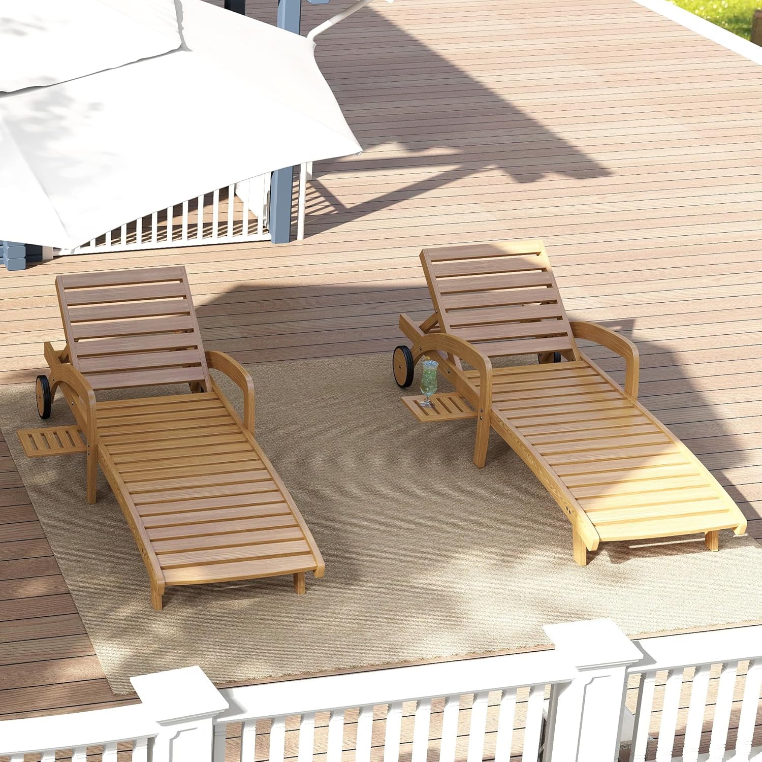 Pool Chaise Lounge Chairs Set of 4 5-Position Adjustable Outdoor Patio Lounge Chairs Wood Reclining Chaise Lounger Chair with Pullout Side Table