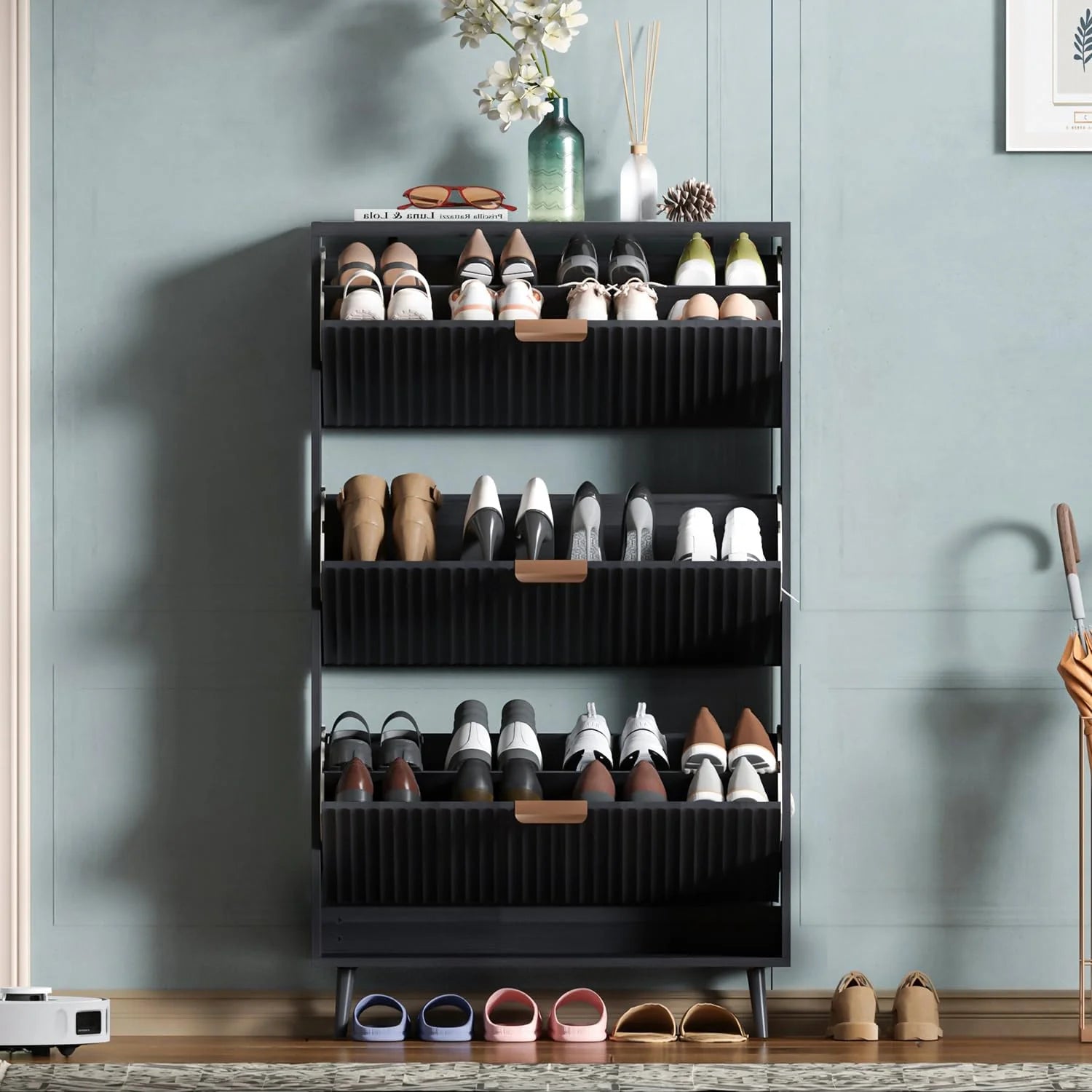 Shoe Cabinet Storage Modern Freestanding Organizer with 2 Flip Drawers Narrow Shoe Rack Cabinet