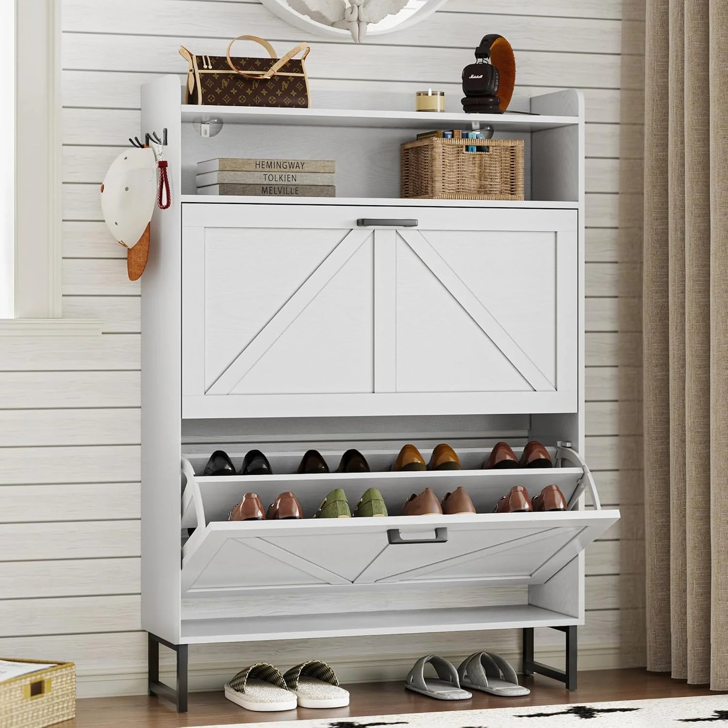 Shoe Cabinet with 2 Flip Drawers Narrow Shoe Storage Cabinet Organizer Wooden Freestanding Rack