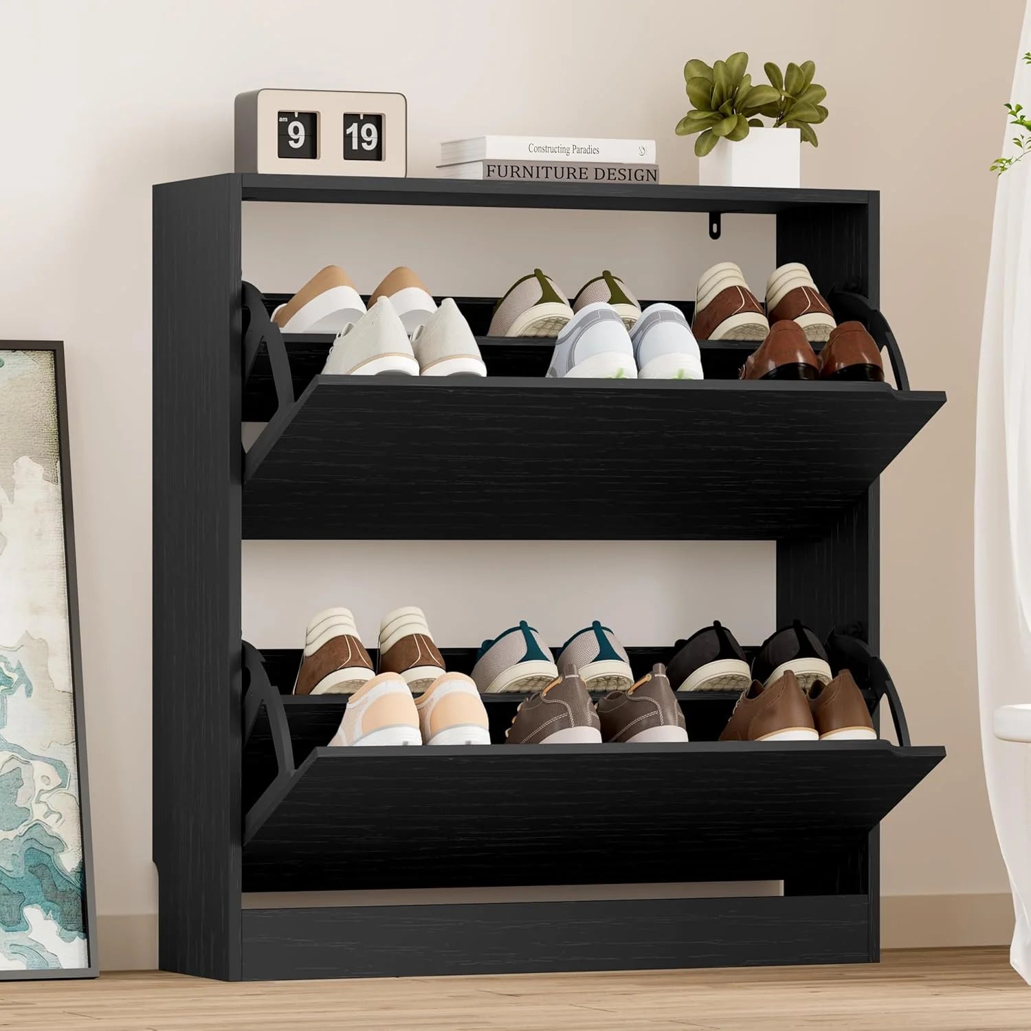 Shoe Cabinet with 3 Flip Drawers, Hidden Wood Shoe Cabinet,Freestanding Shoe Storage Cabinet