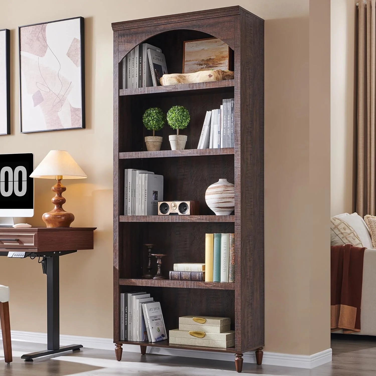 IFGET 76" Tall Arched Bookcase Farmhouse 5 Tiers Large Arched Bookshelf Cabinet Adjustable Shelves