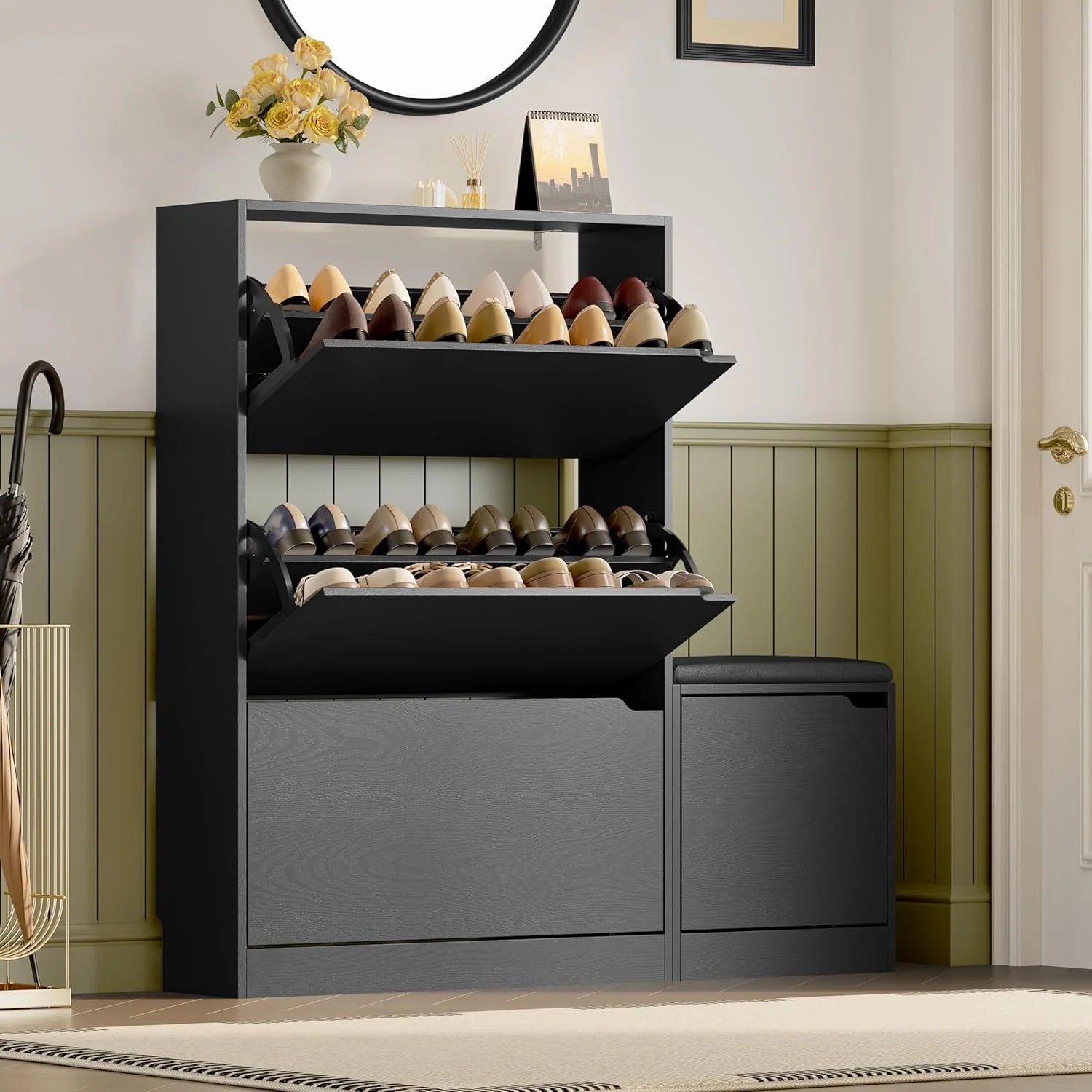 Shoe Cabinet with 3 Flip Drawers, Hidden Wood Shoe Cabinet,Freestanding Shoe Storage Cabinet