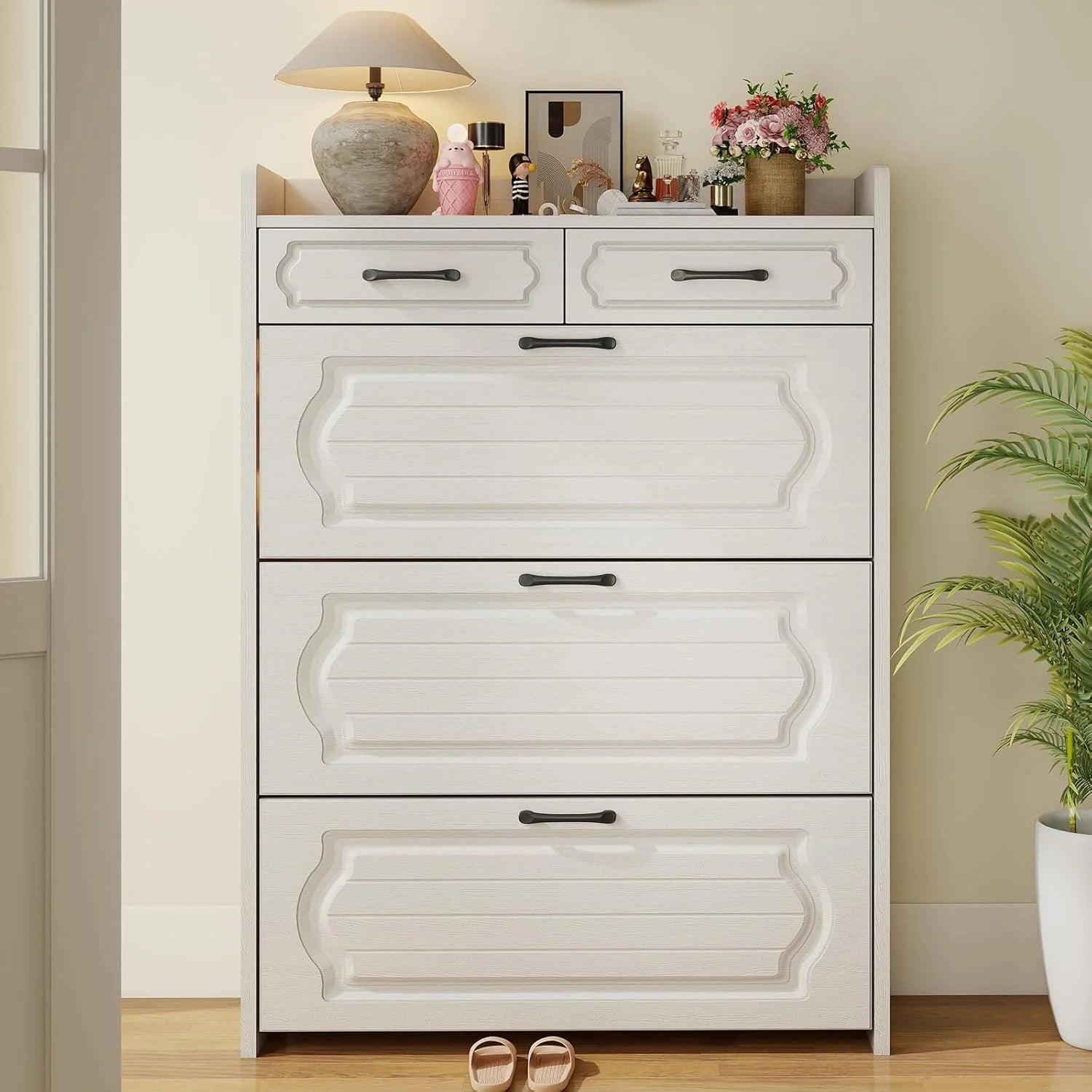 Shoe Cabinet with 3 Large Flip Drawers & 2 Storage Drawers, Narrow Shoe Organizer Cabinet Fits
