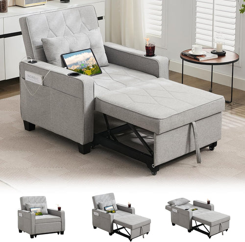 Adult Convertible Sleeper Chair Bed 3-in-1 Pull-Out Sofa Bed with USB/Type-C Ports Cup Holders