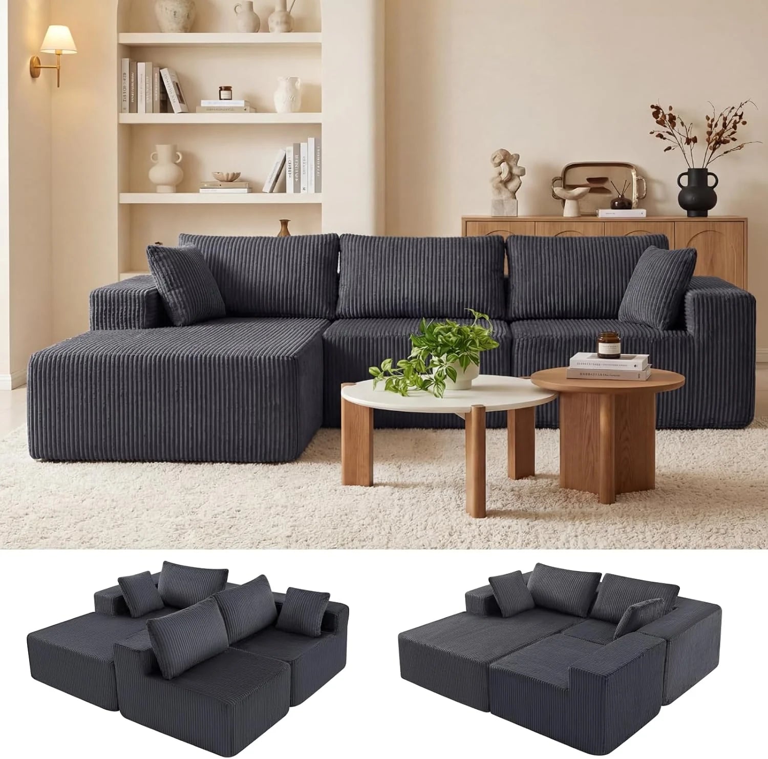 DUMOS 108" Boneless Couch, Cloud Sectional Couch with L-Shape Chaise, Modular Sectional Sofa with Deep Seat, Upholstered Couch for Living Room Bedroom, No Assembly Required (Beige, Left Facing Chaise)