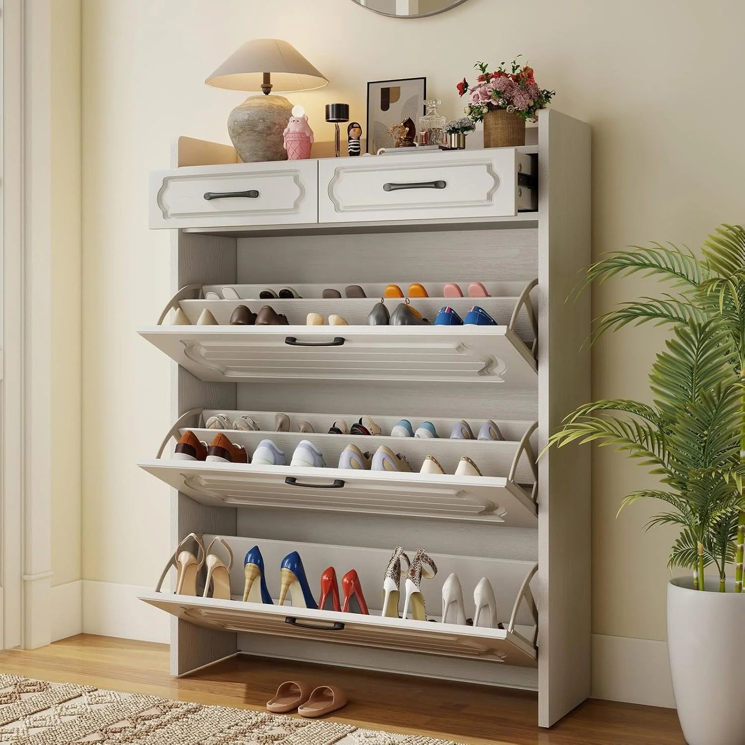Shoe Cabinet with 3 Large Flip Drawers & 2 Storage Drawers, Narrow Shoe Organizer Cabinet Fits