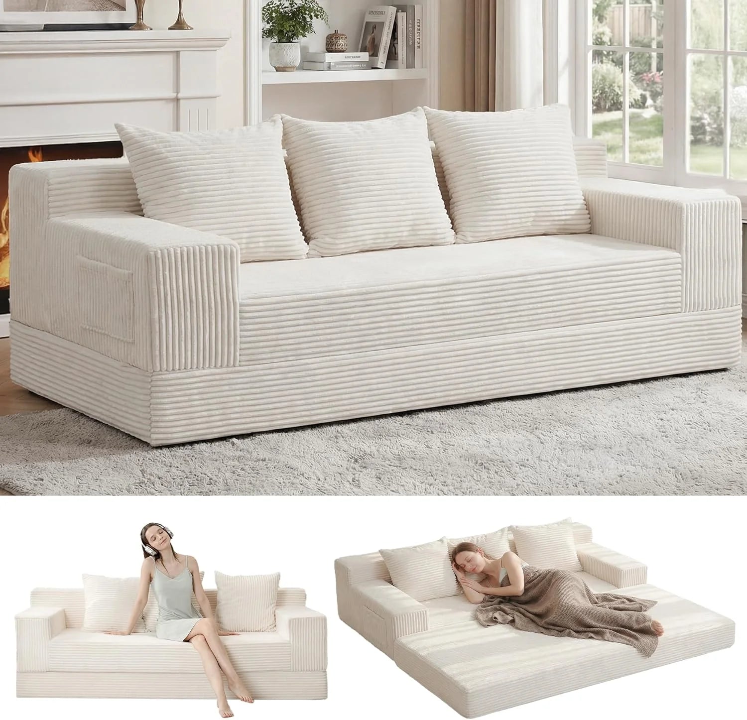 Loveseat Boneless Convertible Sofa Bed, Folding Floor Futon Sleeper Sofa Couch Bed- Boneless Foldable Couch, Corduroy Pull Out Sofa Bed with 2 Pillows for Living Room & Bedroom