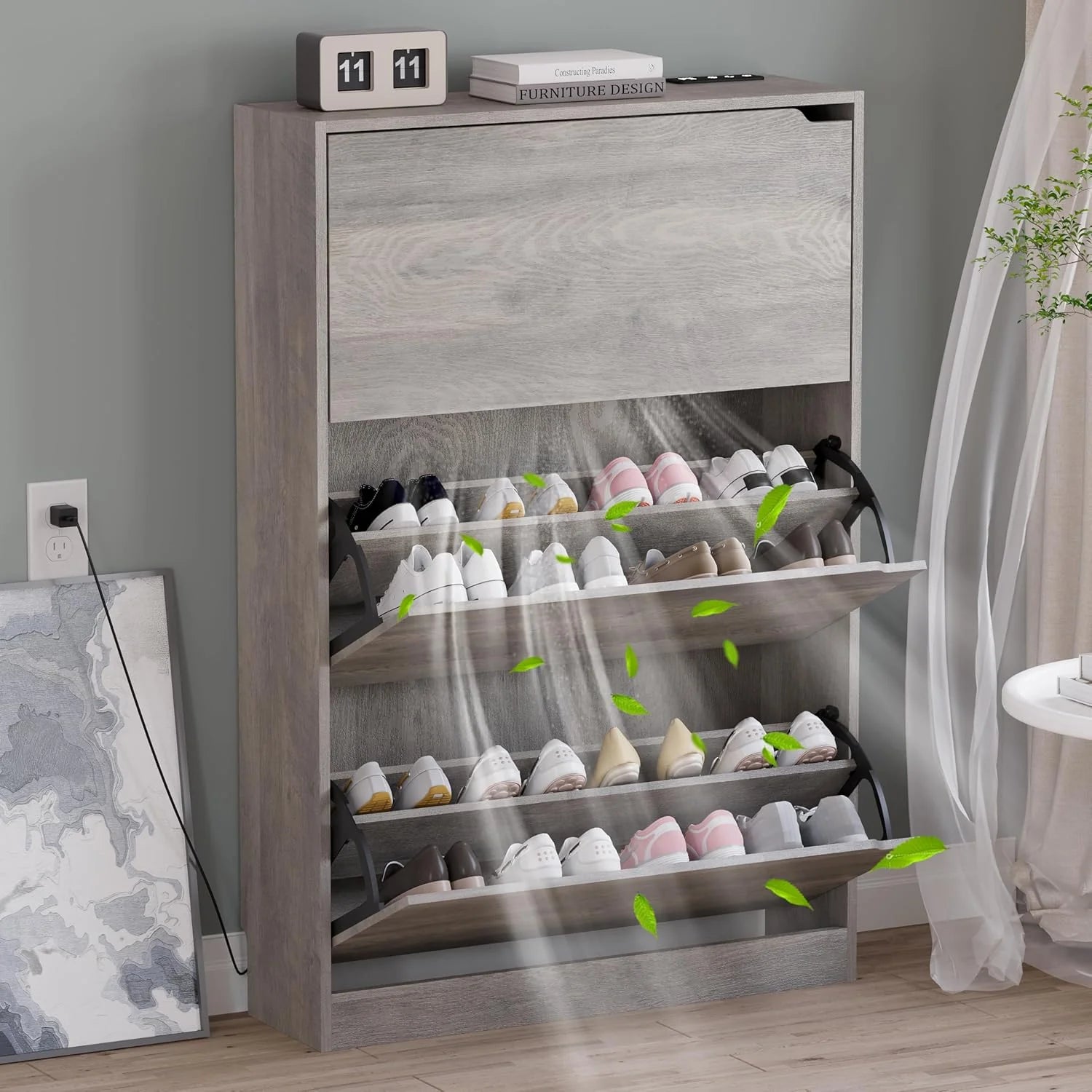 Shoe Cabinet with 3 Flip Drawers Hidden Wood Shoe Cabinet Freestanding Shoe Storage Cabinet