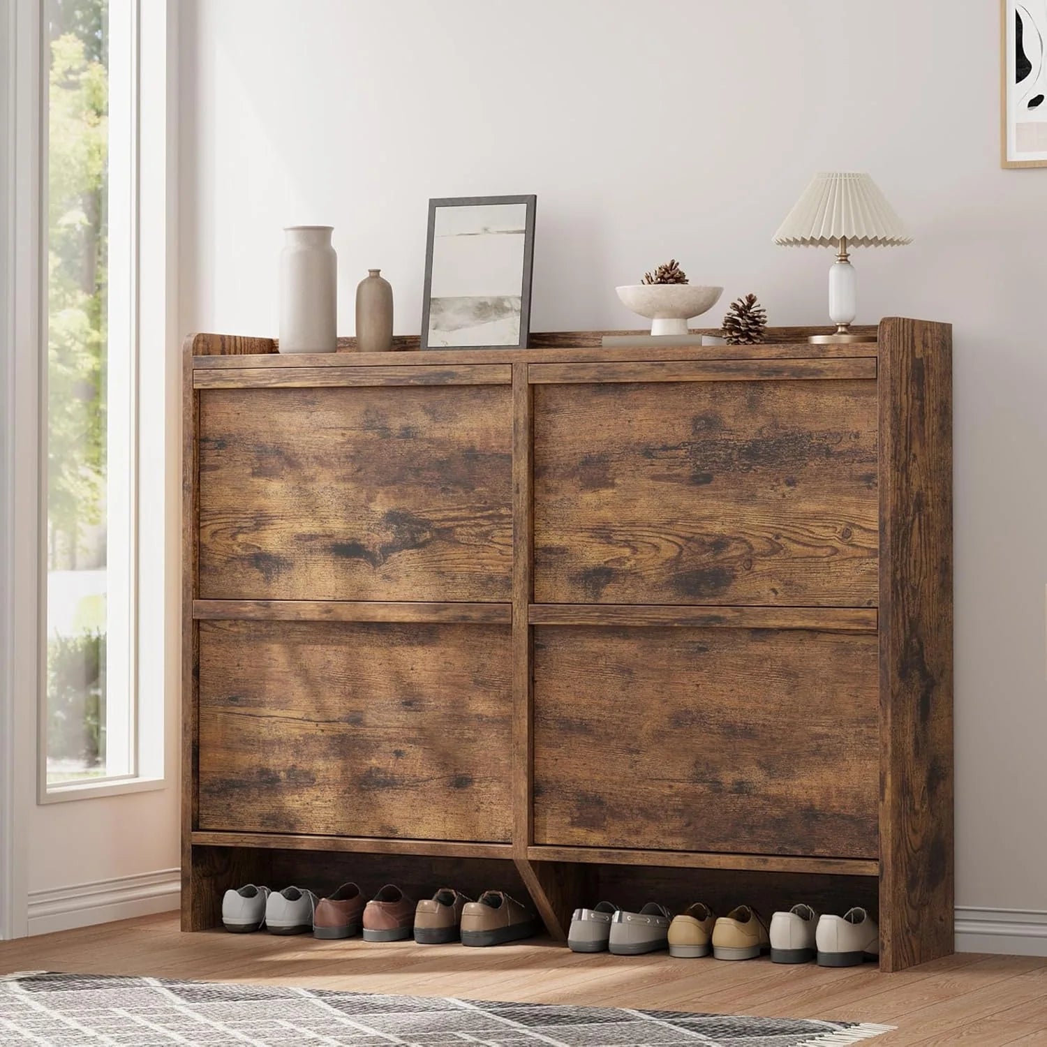 GarveeHome Shoe Cabinet with 3 Flip Top Drawers, Wooden Shoe Cabinet with Adjustable Shelves