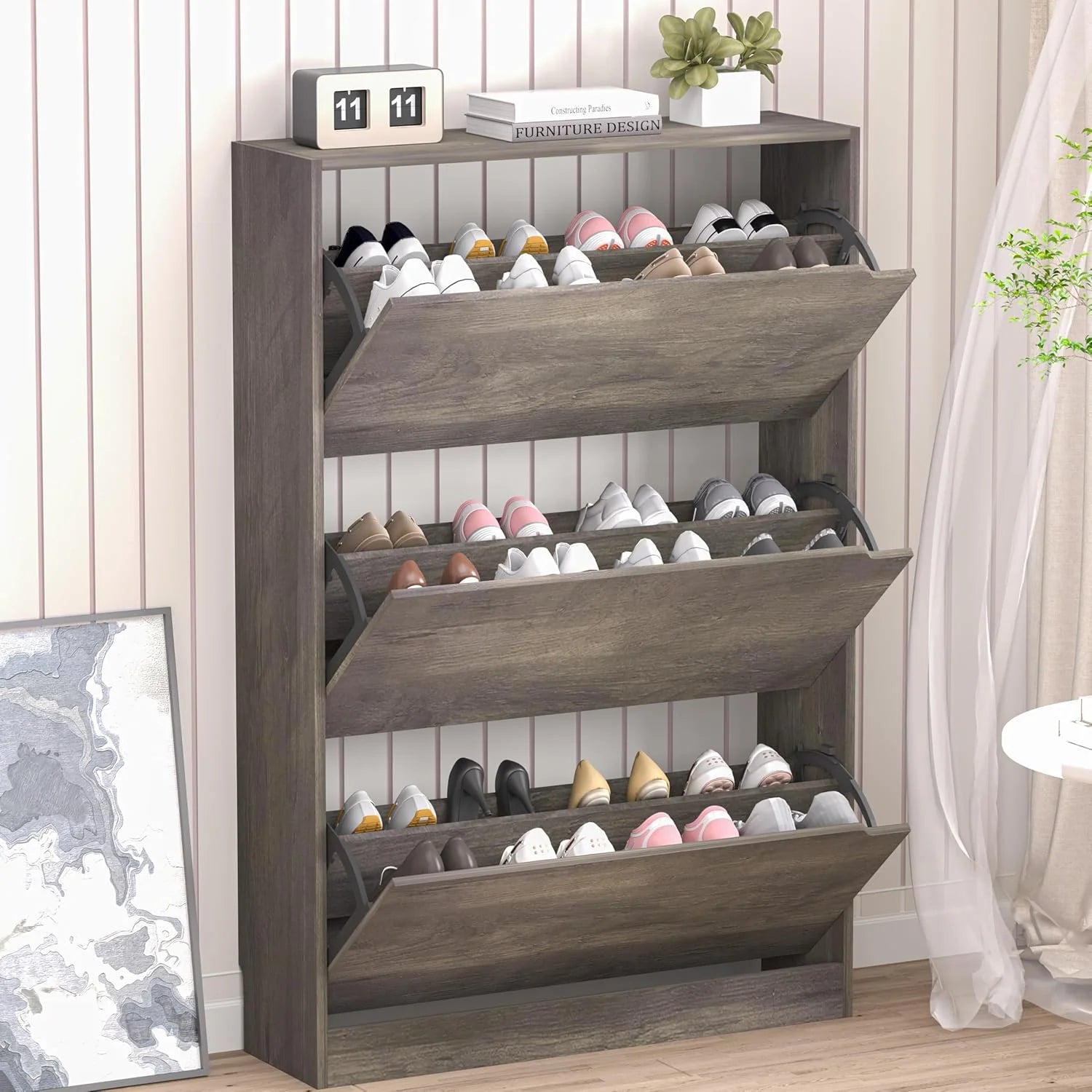 Shoe Cabinet with 3 Flip Drawers, Hidden Wood Shoe Cabinet,Freestanding Shoe Storage Cabinet