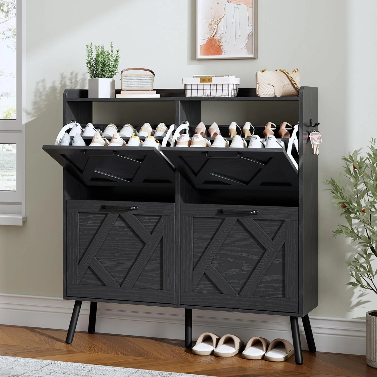 Nicetree Shoe Cabinet with 2 Flip Drawers Freestanding Shoe Storage Cabinet Narrow Shoe Cabinet