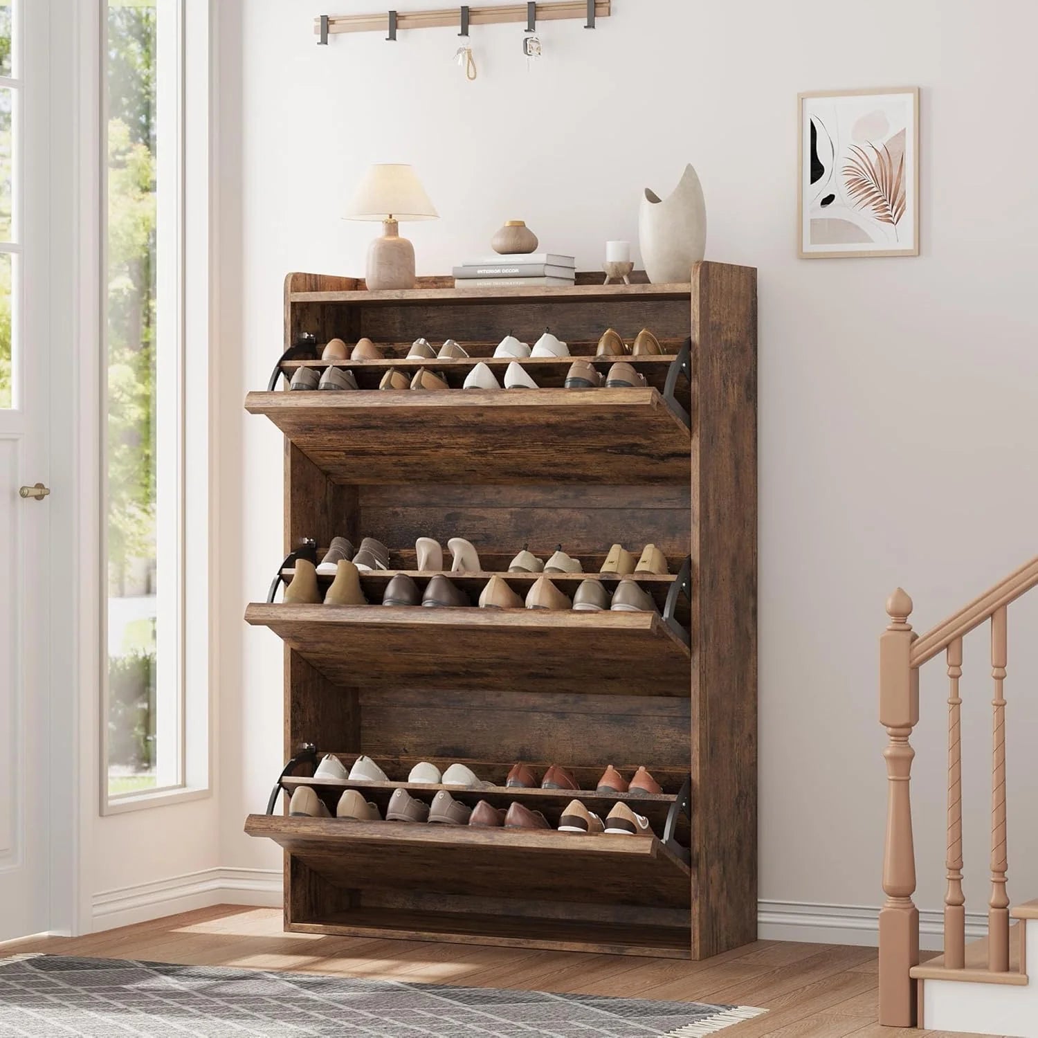 GarveeHome Shoe Cabinet with 3 Flip Top Drawers, Wooden Shoe Cabinet with Adjustable Shelves