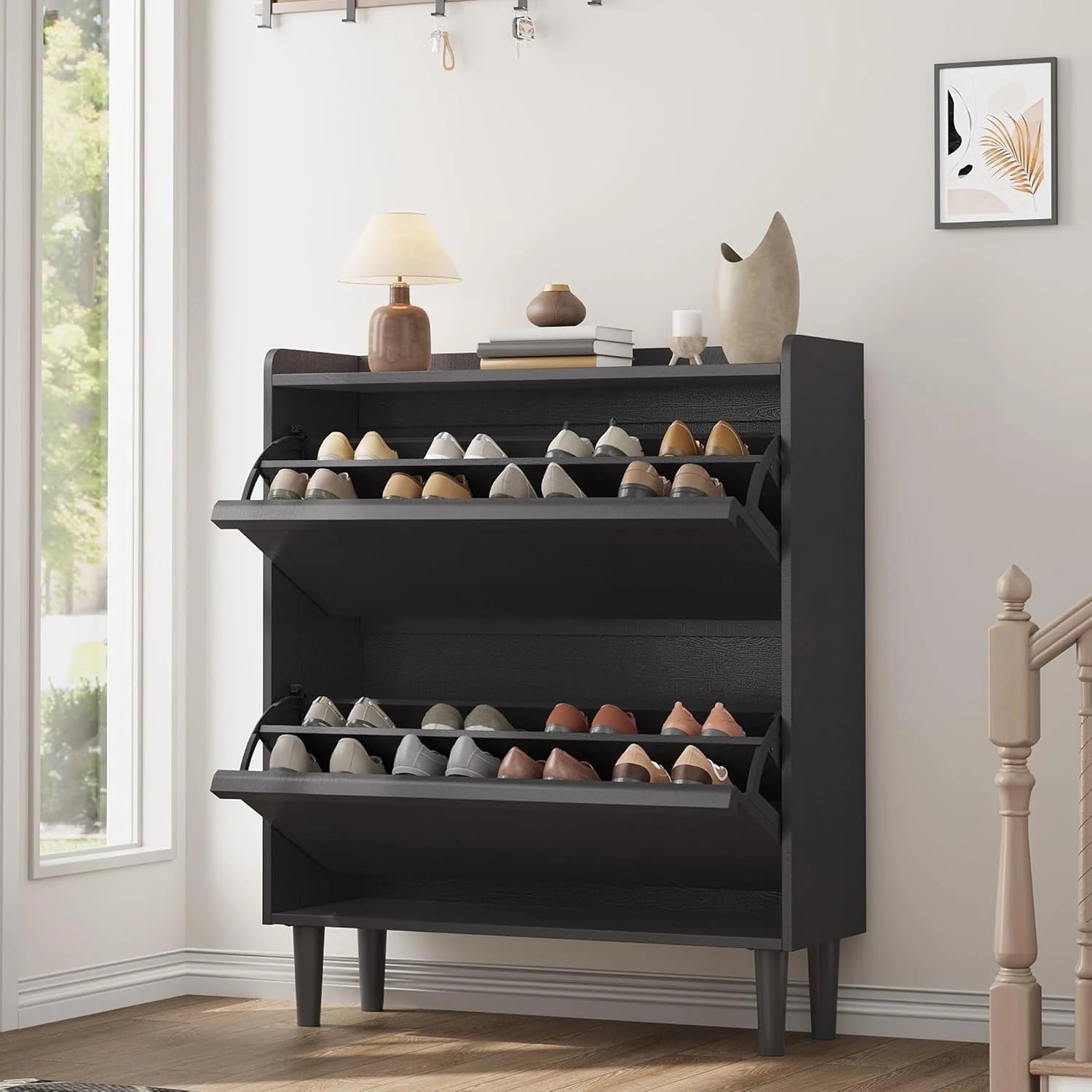 GarveeHome Shoe Cabinet with 3 Flip Top Drawers, Wooden Shoe Cabinet with Adjustable Shelves