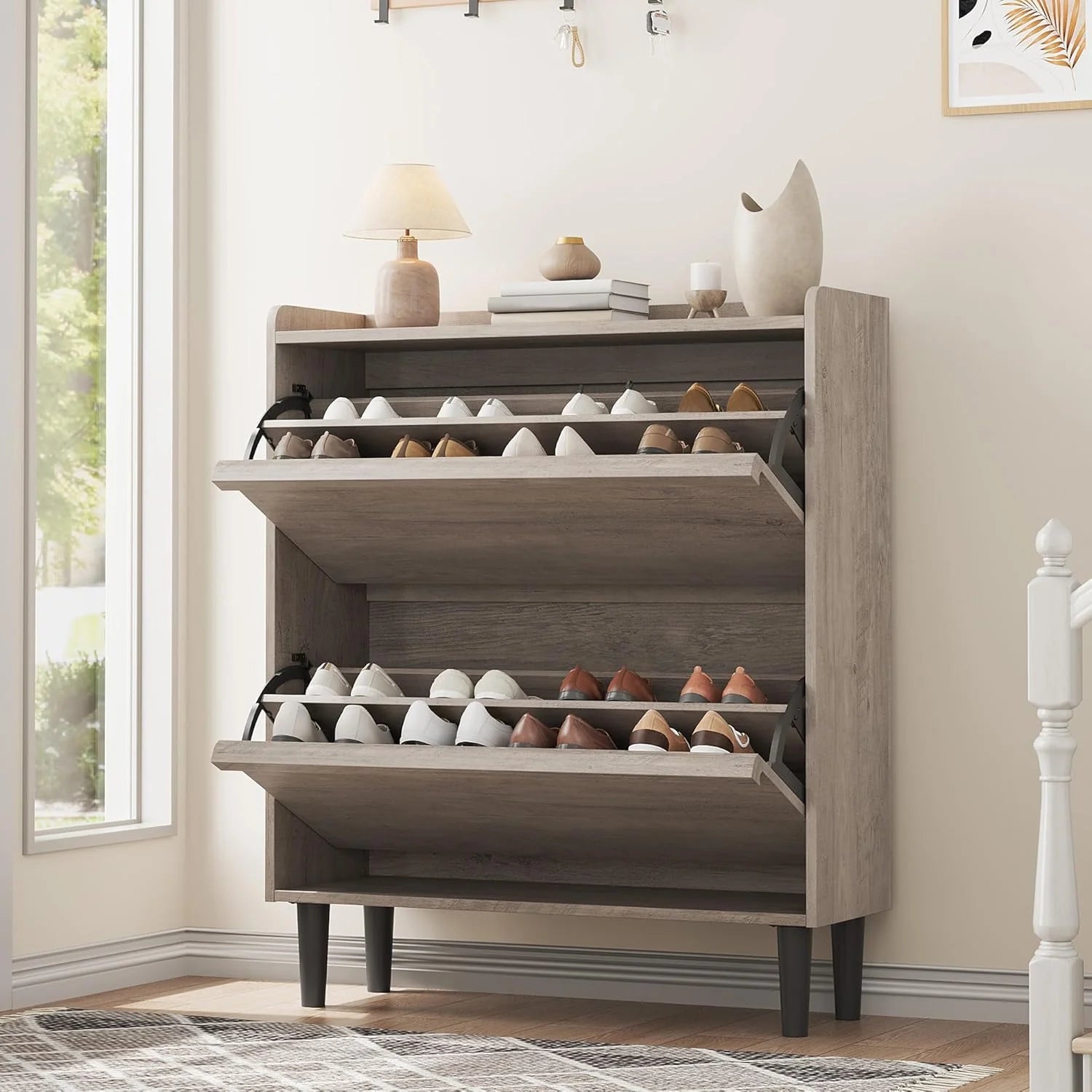GarveeHome Shoe Cabinet with 3 Flip Top Drawers, Wooden Shoe Cabinet with Adjustable Shelves