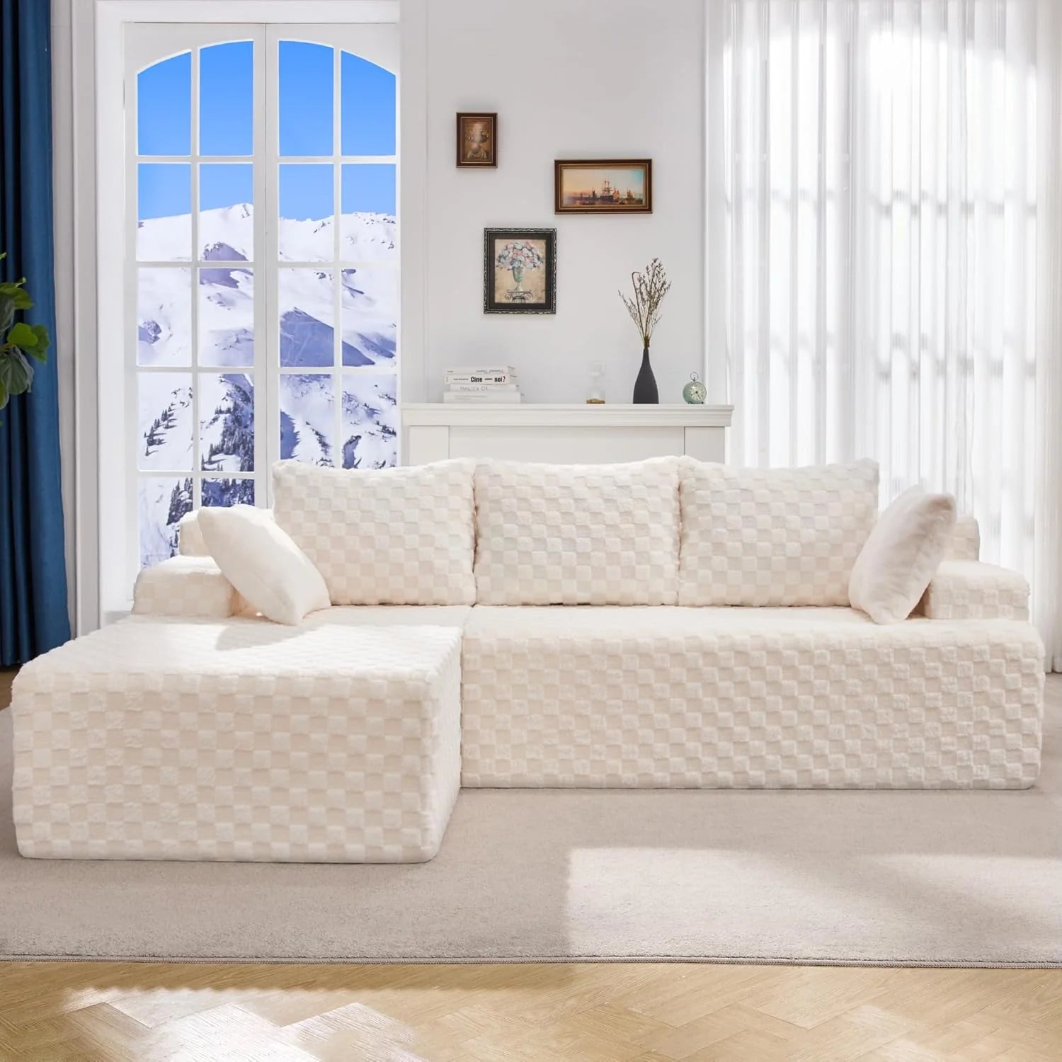 Modular Sectional Sofa Couches L-Shape Couch 3 Seat Modular Sofa Memory Foam Sectional Couches for Living Room, Cloud Couch with Oversized Chaise (Grey Stripe, 96" Left Facing Chaise)