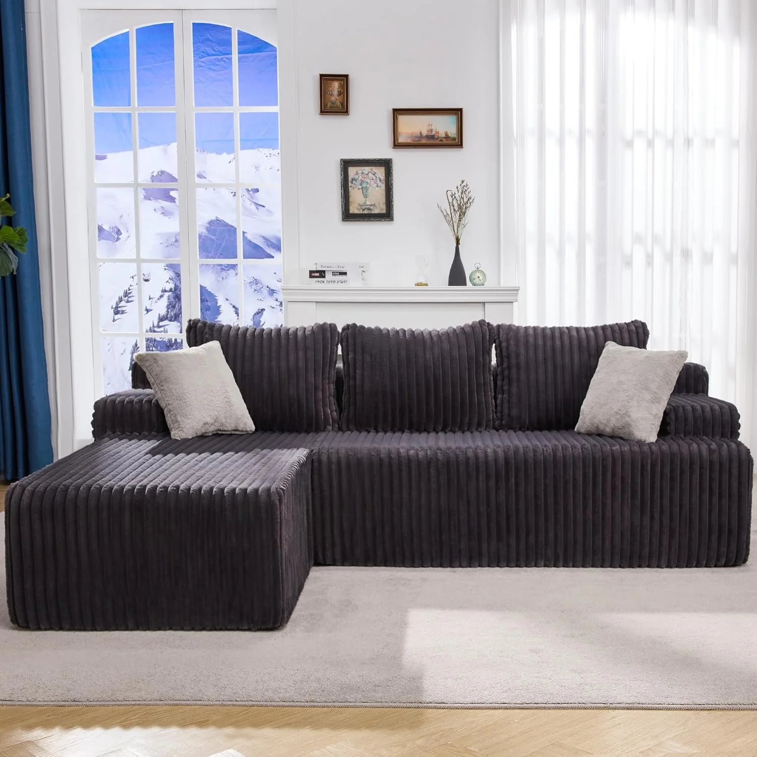 Modular Sectional Sofa Couches L-Shape Couch 3 Seat Modular Sofa Memory Foam Sectional Couches for Living Room, Cloud Couch with Oversized Chaise (Grey Stripe, 96" Left Facing Chaise)