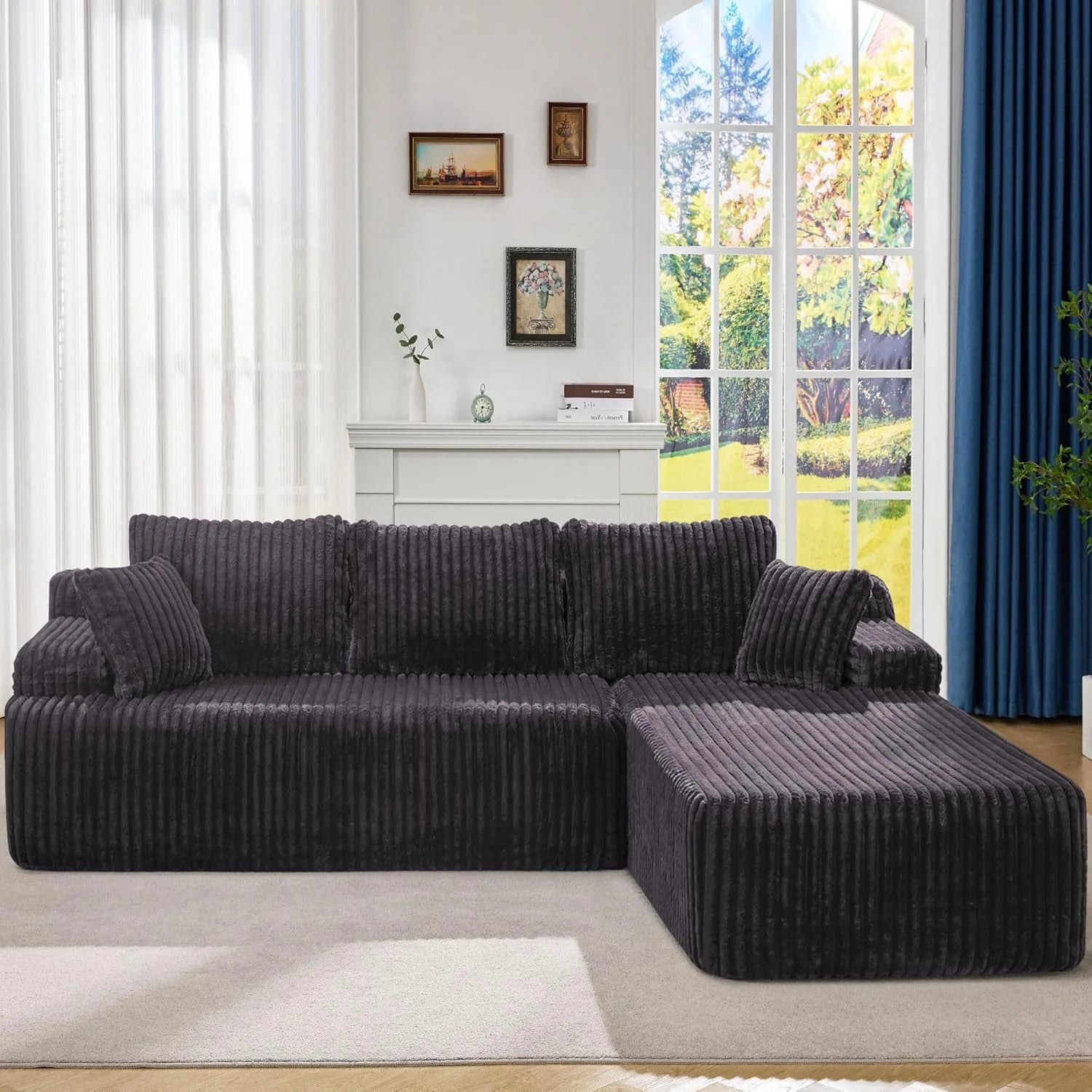 Modular Sectional Sofa Couches L-Shape Couch 3 Seat Modular Sofa Memory Foam Sectional Couches for Living Room, Cloud Couch with Oversized Chaise (Grey Stripe, 96" Left Facing Chaise)