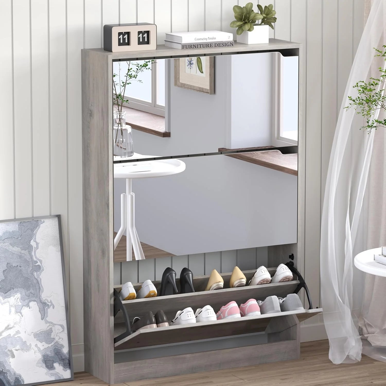 Shoe Cabinet with 3 Flip Drawers Hidden Wood Shoe Cabinet Freestanding Shoe Storage Cabinet