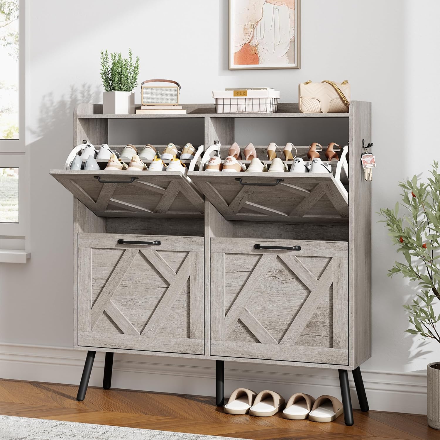 Nicetree Shoe Cabinet with 2 Flip Drawers Freestanding Shoe Storage Cabinet Narrow Shoe Cabinet
