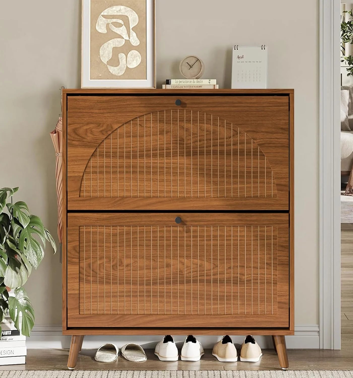 Entrance shoe cabinet with 2 flip-top drawers, narrow wooden shoe cabinet with fluted panels