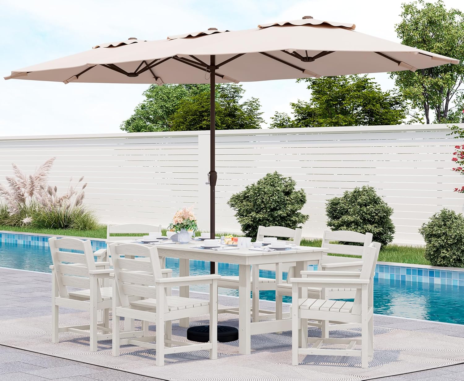 SERWALL 7-Piece Patio Dining Table Sets, Outdoor HDPE Dining Furniture Set with Umbrella Hole Cut-Out Table and 6 Chairs, Blue