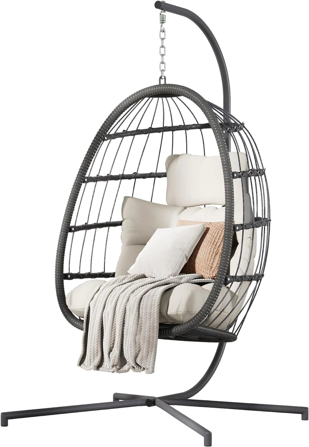 HWB Hanging Egg Chair Patio Wicker Hammock Egg Swing Chair with Cushion for Bedroom