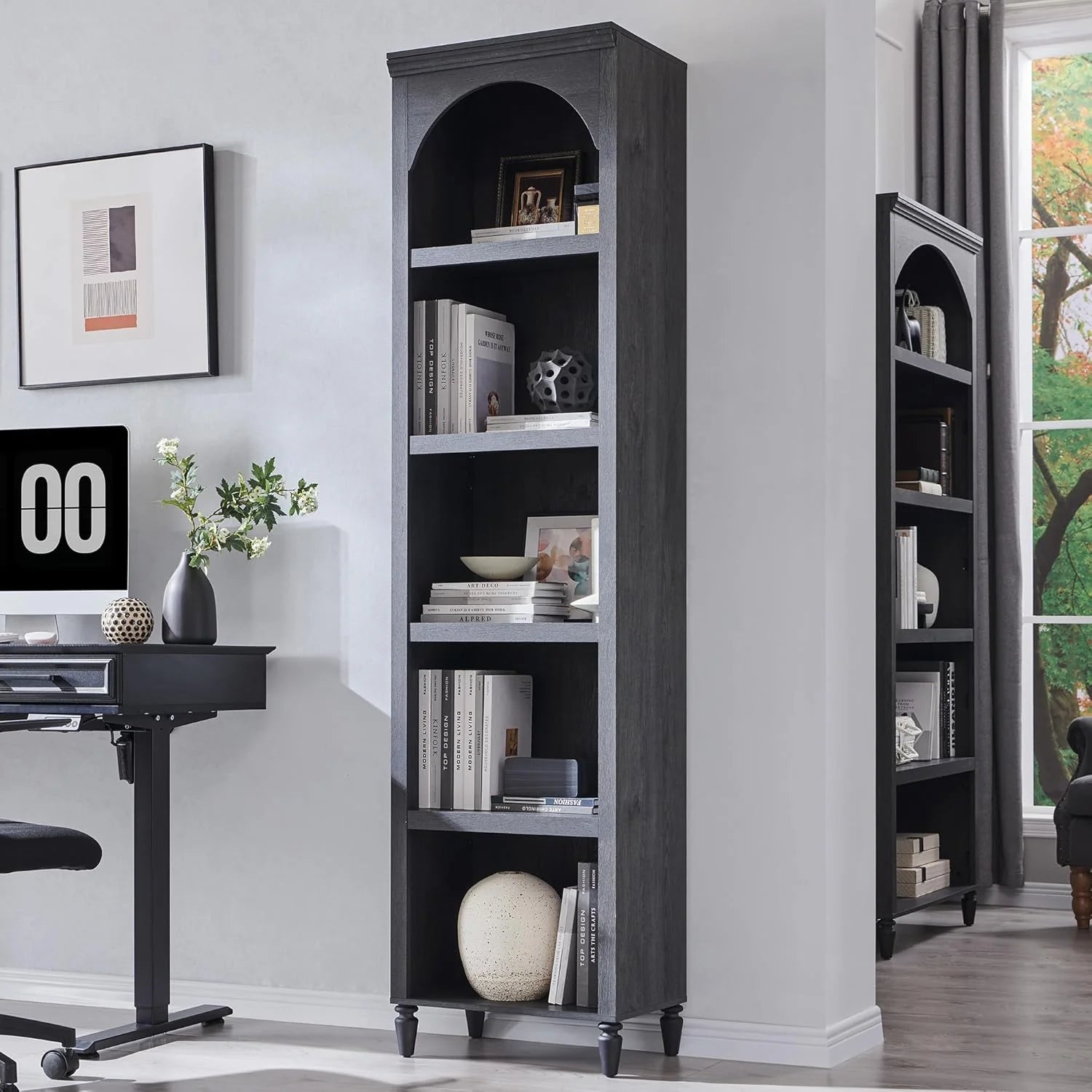 IFGET 76" Tall Arched Bookcase Farmhouse 5 Tiers Large Arched Bookshelf Cabinet Adjustable Shelves