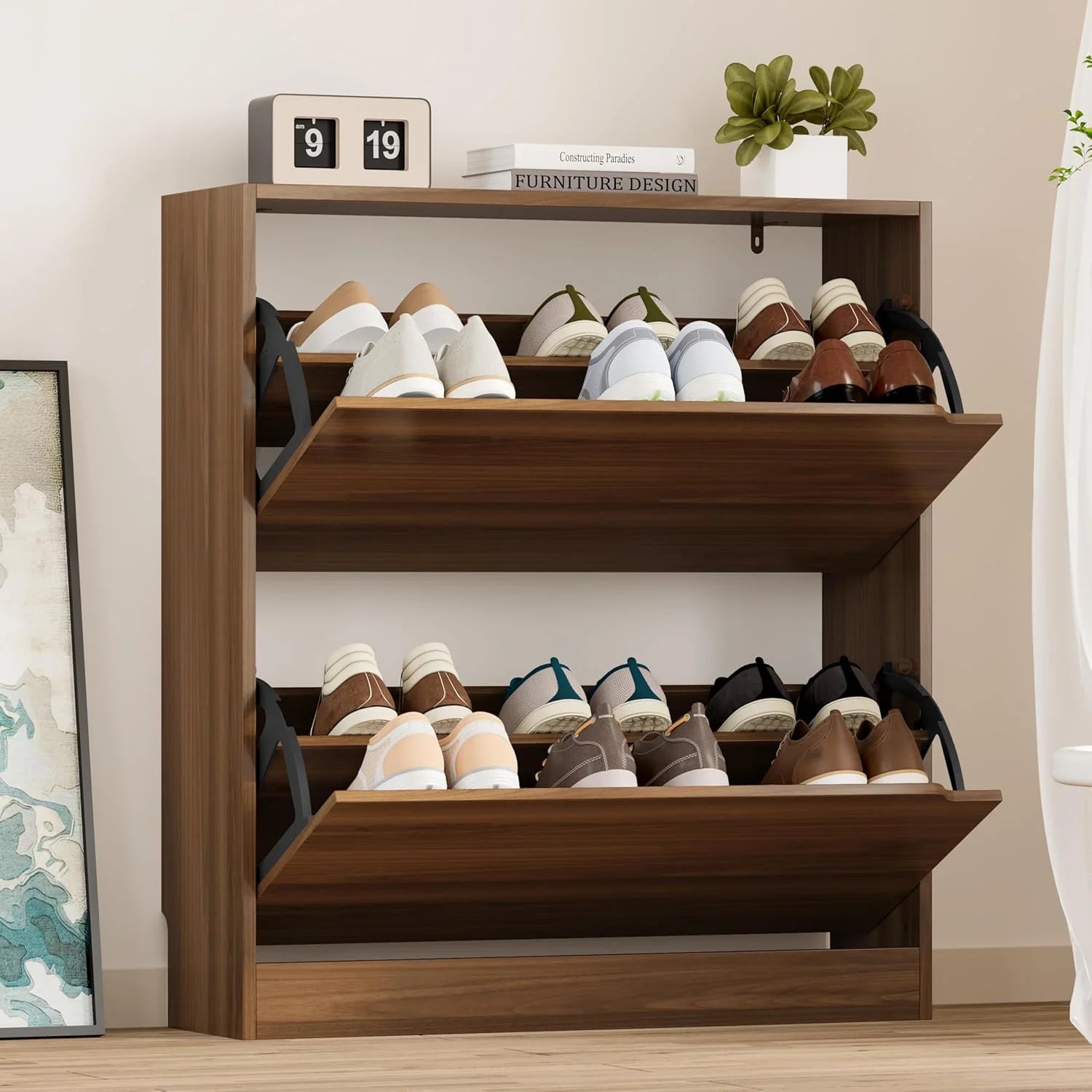 Shoe Cabinet with 3 Flip Drawers, Hidden Wood Shoe Cabinet,Freestanding Shoe Storage Cabinet