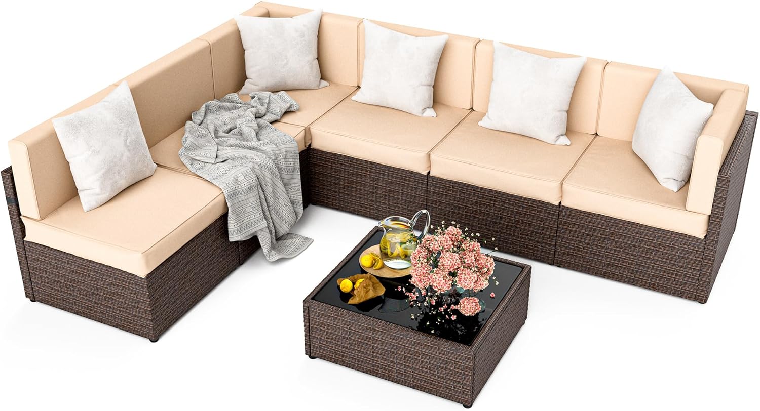 Pamapic 7-Piece Outdoor Sectional Furniture Set, All-Weather Wicker Patio Sofa with Washable Cushions, Gray Waterproof Rattan Conversation Set for Backyard, Poolside, Garden (Gray Cushions)