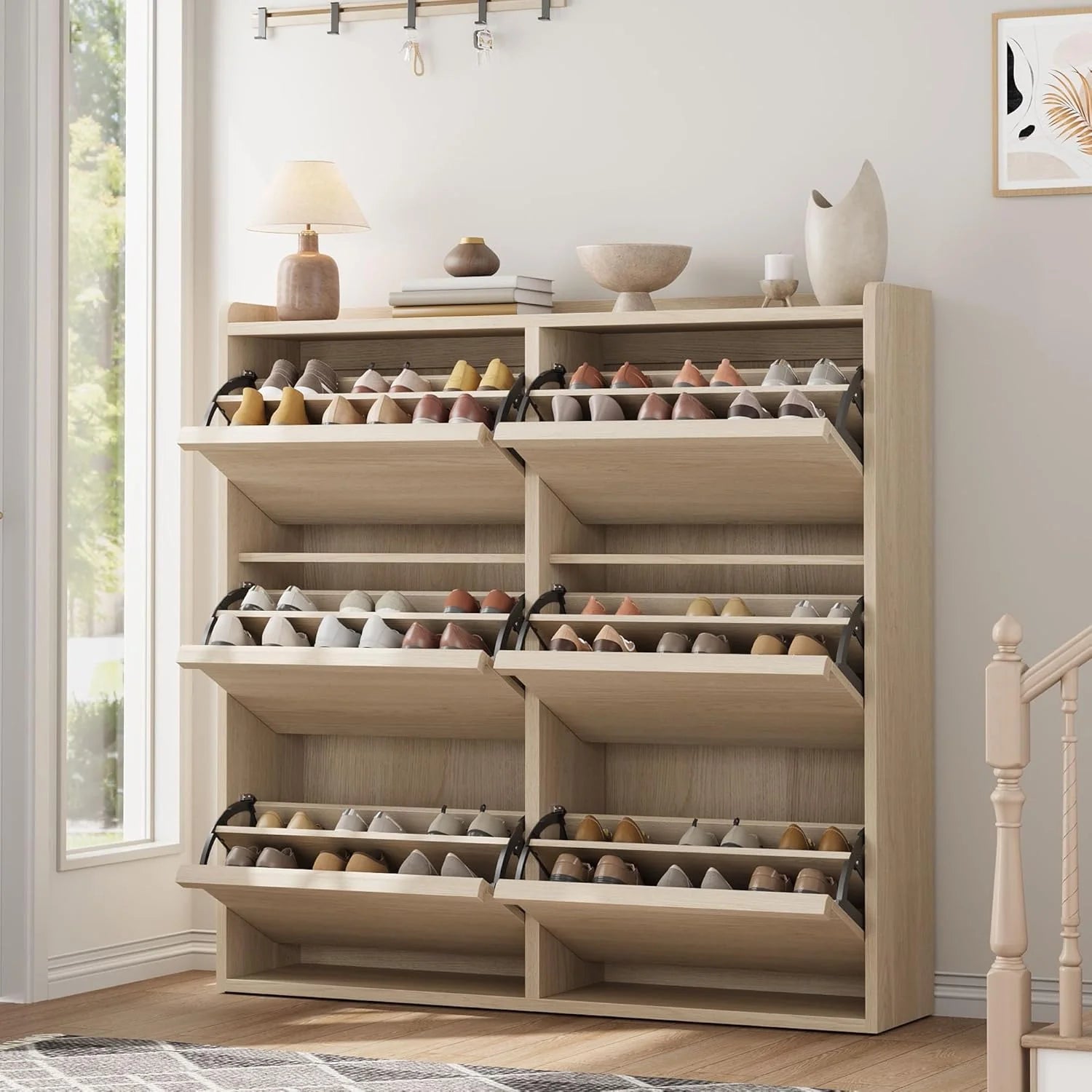 GarveeHome Shoe Cabinet with 3 Flip Top Drawers, Wooden Shoe Cabinet with Adjustable Shelves
