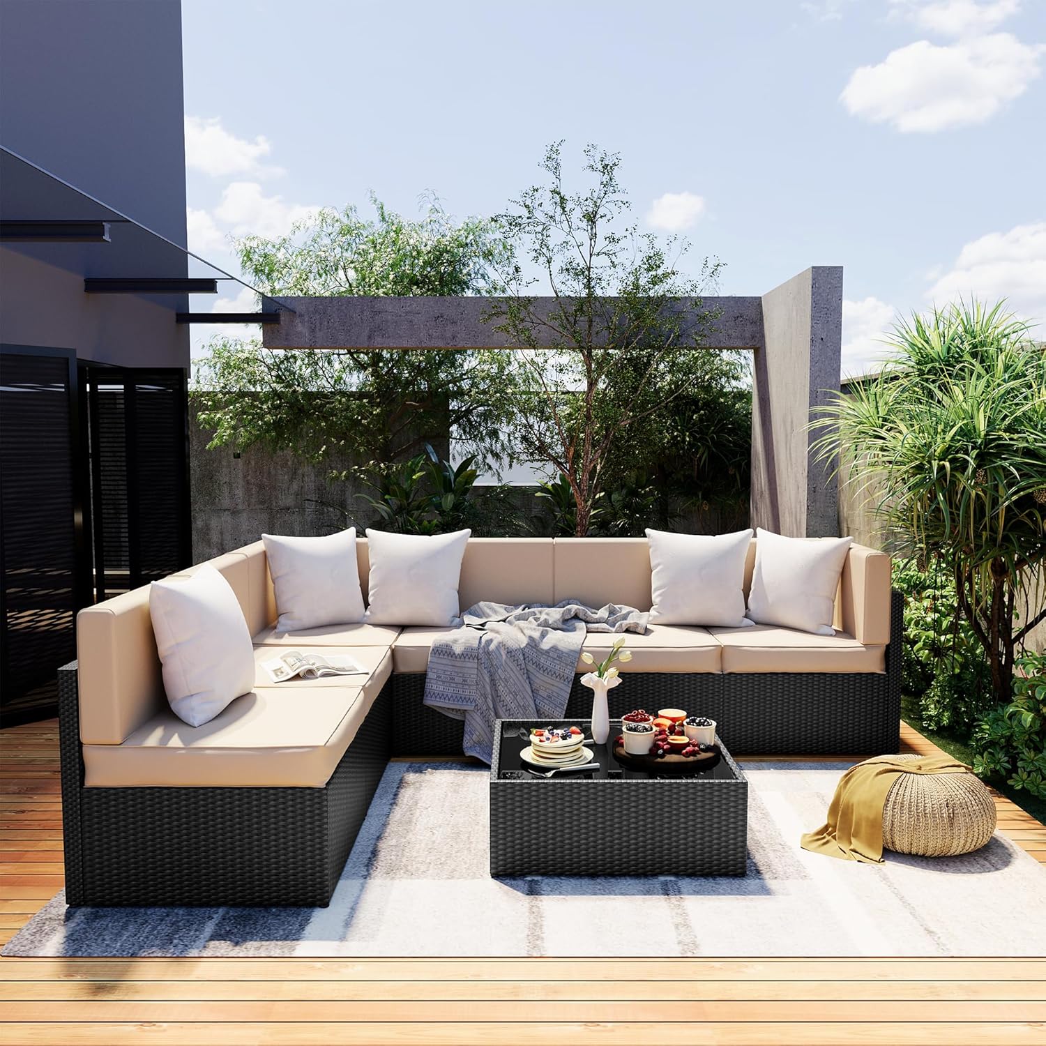 Pamapic 7-Piece Outdoor Sectional Furniture Set, All-Weather Wicker Patio Sofa with Washable Cushions, Gray Waterproof Rattan Conversation Set for Backyard, Poolside, Garden (Gray Cushions)