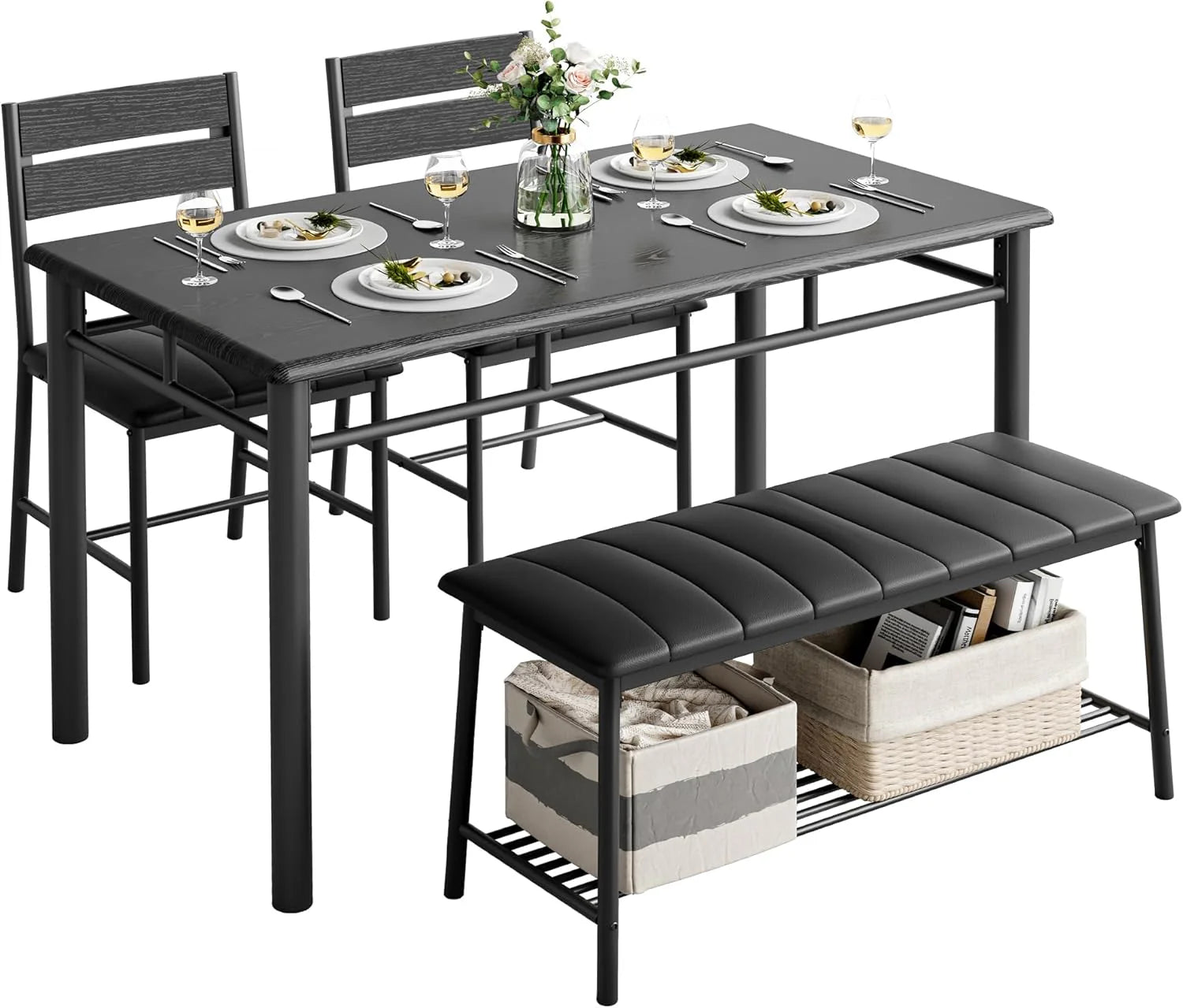 IRONCK Dining Table Set for 4 Kitchen Table with Upholstered Bench Kitchen Table and Chairs Set