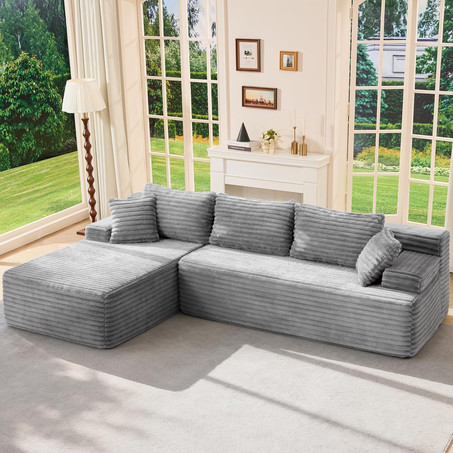 Modular Sectional Sofa Couches L-Shape Couch 3 Seat Modular Sofa Memory Foam Sectional Couches for Living Room, Cloud Couch with Oversized Chaise (Grey Stripe, 96" Left Facing Chaise)